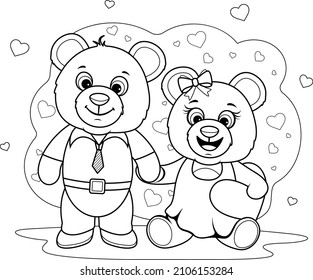 Coloring page. Two cartoon teddy bears in love. Teddy bear boy holds by the paw a bear girl. Teddy bear girl holding a heart