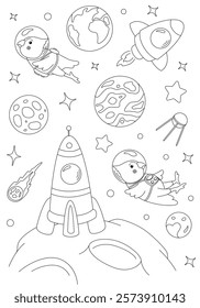 Coloring page with two corella parrots astronauts, rocket, moon and stars. Vector template for children's coloring book, print and poster.