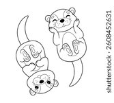 Coloring page of two cute otters. Hand drawn Vector illustration.
