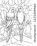Coloring page. Two cute parrots red macaw sits on the three branch and smiles. They are in love.