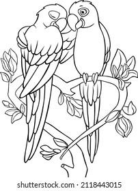 Coloring page. Two cute parrots blue macaw sits on the tree branch and smiles. They are in love.