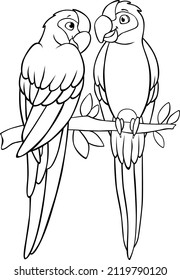 Coloring page. Two cute parrots green macaw sits on the three branch and smiles. They are in love.