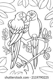 Coloring page. Two cute parrots green macaw sits on the three branch and smiles. They are in love.