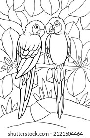 Coloring page. Two cute parrots red macaw sits on the three branch and smiles. They are in love.