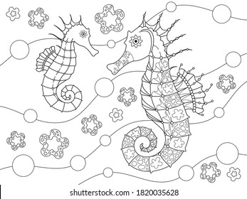Coloring page with two decorated seahorses on a wavy background with bubbles and sea flowers, black elements on a white background. Vector design template for kids coloring book, poster and banner