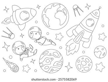 Coloring page with two flying capybaras astronauts, rocket, moon and stars. Vector template for children's coloring book, print and poster.