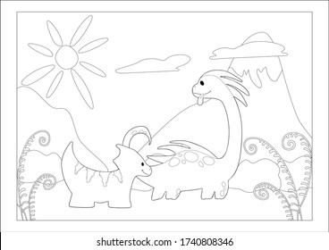 Coloring page. Two funny dinosaur in a prehistoric landscape. Friends, sun, mountains, clouds, black and white. Cartoon and vector character on background.