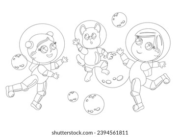 Coloring page. Two girls with big eyes and a dog are dressed in an astronaut suit and a helmet. Children are happy and fly in outer space. Cartoon style illustration of the universe.
