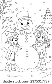 Coloring page two kids making a snowman together