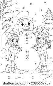 Coloring page two kids making a snowman together