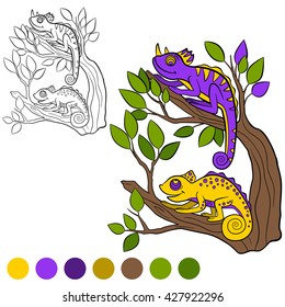 Coloring page. Two little cute chameleons smiles.