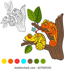 Coloring page. two little cute chameleon sits on the tree branch.