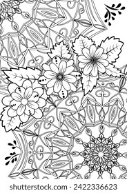 Coloring page. Two openwork mandalas joined by a bouquet of abstract flowers. Vector drawings with outline floral patterns for coloring. Simple patterns of spring plants and mandalas hand drawn.