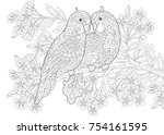Coloring page of two parrots in love and floral background with flowers. Freehand sketch drawing for Valentine's Day vintage greeting card or adult antistress coloring book.