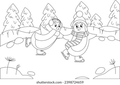 Coloring page with two penguins skating