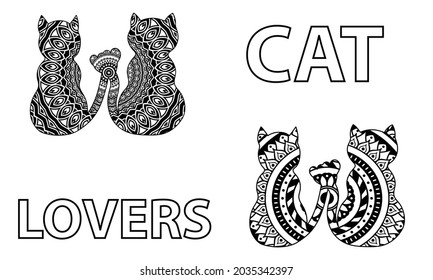 Coloring page with two romantic cats. Valentine black and white pattern. Vector illustration