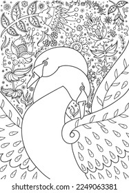 Coloring page with two swans intertwined with their necks on a decorative floral background of fantasy flowers and leaves. Can be used as a postcard