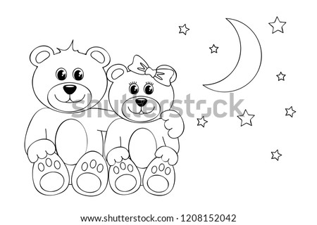 coloring page two teddys moon and stars vector illustration EPS10