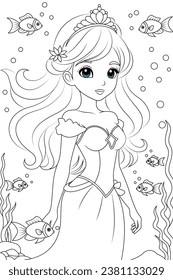 Coloring page underwater chibi princess with colorful fish