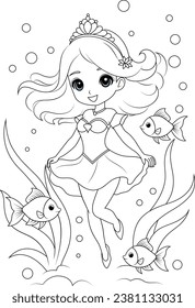 Coloring page underwater chibi princess with colorful fish