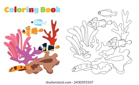 Coloring page. Underwater corals and tropical fish, algae. Cartoon style illustration of ocean plants and fish.