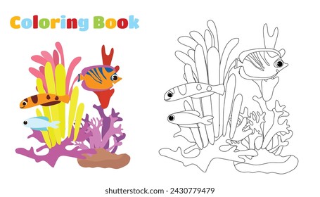 Coloring page. Underwater corals and tropical fish in cartoon style.