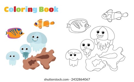 Coloring page. Underwater corals and tropical fish and funny jellyfish in cartoon style.