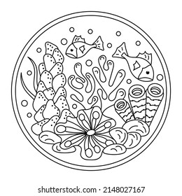 Coloring page. Underwater world. Cartoon vector doodles background. Sea life hand drawn round picture