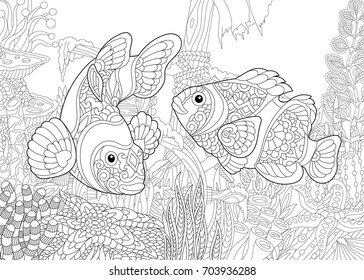 Coloring page of underwater world. Clown fish on the background of a sunken ship. Freehand sketch drawing for adult antistress coloring book in zentangle style.