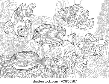 Coloring page of underwater world. Different fish species on the background of a sunken ship. Freehand sketch drawing for adult antistress coloring book in zentangle style.