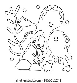 Coloring page, Underwater world. Ocean or sea with cute octopus and jellyfish, water marine plants .