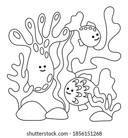 Coloring page, Underwater world. Ocean or sea with cute jellyfish and fishes, water marine plants .