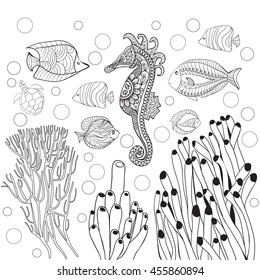  Coloring page with underwater world sea life, fishes,sea horse.  Outline vector illustration, coloring book for Adult coloring book.