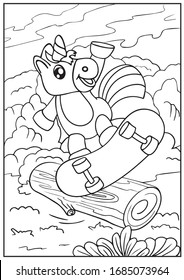 Coloring page with a unicorn. A cute unicorn on skateboarding in park. Kids art activity page. Children paint game. Education developing worksheet. Drawing coloring birthday decor. Vector illustration