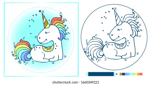 Coloring page with unicorn for kids. Coloring book. Hand drawn vector illustration