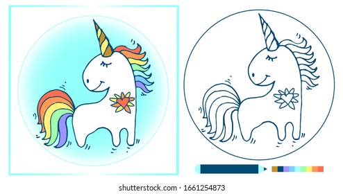 Coloring page with unicorn for kids. Coloring book. Hand drawn vector illustration
