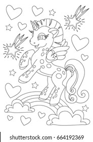 Coloring page unicorn. Magic pony. Animals outline. Unicorn coloring book. Child illustration of unicorn vector. Children background.