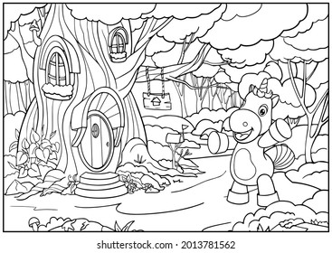 Coloring page with unicorn. Outline drawing of cartoon house on tree. Draw for kids. Worksheet with forest landscape. Vector illustration.