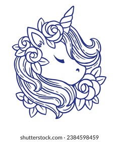 Coloring page of unicorn and rose flowers. Vector print for kids book, print, greeting card, t-shirt