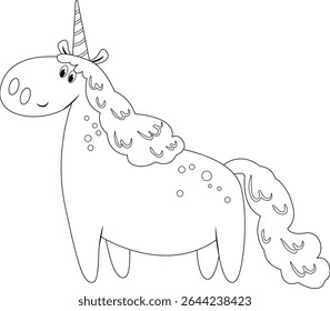 Coloring page with a unicorn standing on four legs