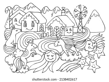 Coloring page with unicorns and candy city. Fairy tale. Happy home and mountains with wind power plant in sky. Colouring book. Worksheet for kids.