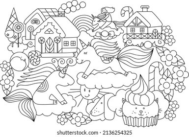 Coloring page with unicorns in sky. Sweet home, lollipops and candy city on clouds. Colouring book. Worksheet for kids.