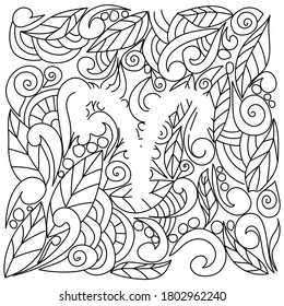 coloring page using negative space, silhouette of the zodiac sign Aries, doodle patterns of leaves and curls, vector outline illustration for design and creativity