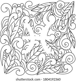 coloring page using negative space, silhouette of the zodiac sign Pisces, doodle patterns of leaves and curls, vector outline illustration for design and creativity