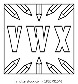 A coloring page with the 'V W X' text surrounded by pencil drawings. Vector design in EPS 8