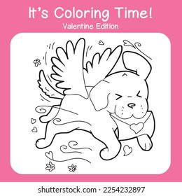 Coloring page for valentine's day. A dog brings a love letter. Black and white vector illustration. Printable coloring book for kids and adults.