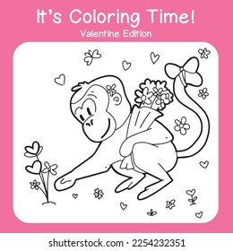 Coloring page for valentine's day. A monkey collecting flowers as a gift for celebrating valentine. Black and white vector illustration. Printable coloring book for kids and adults.