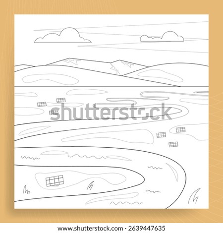 Coloring page with valley with solar panels, river, mountains flat illustration