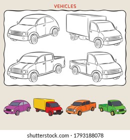 Coloring page of variation vehicles with two samples coloring. City car, truck, double cabin pickup and mini truck