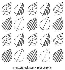 Coloring page with varied leaves. Coloring book for adult and older children. Editable vector illustration. Hand drawn black floral ornaments on the white background. Set collection for relaxing.